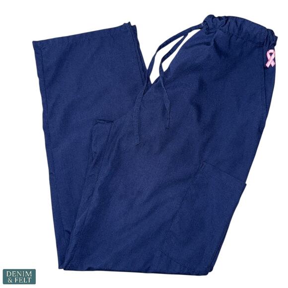 Green Town Navy Pink Ribbon Scrub Set Top & Pants XS Breast Cancer Awareness - Picture 3 of 13